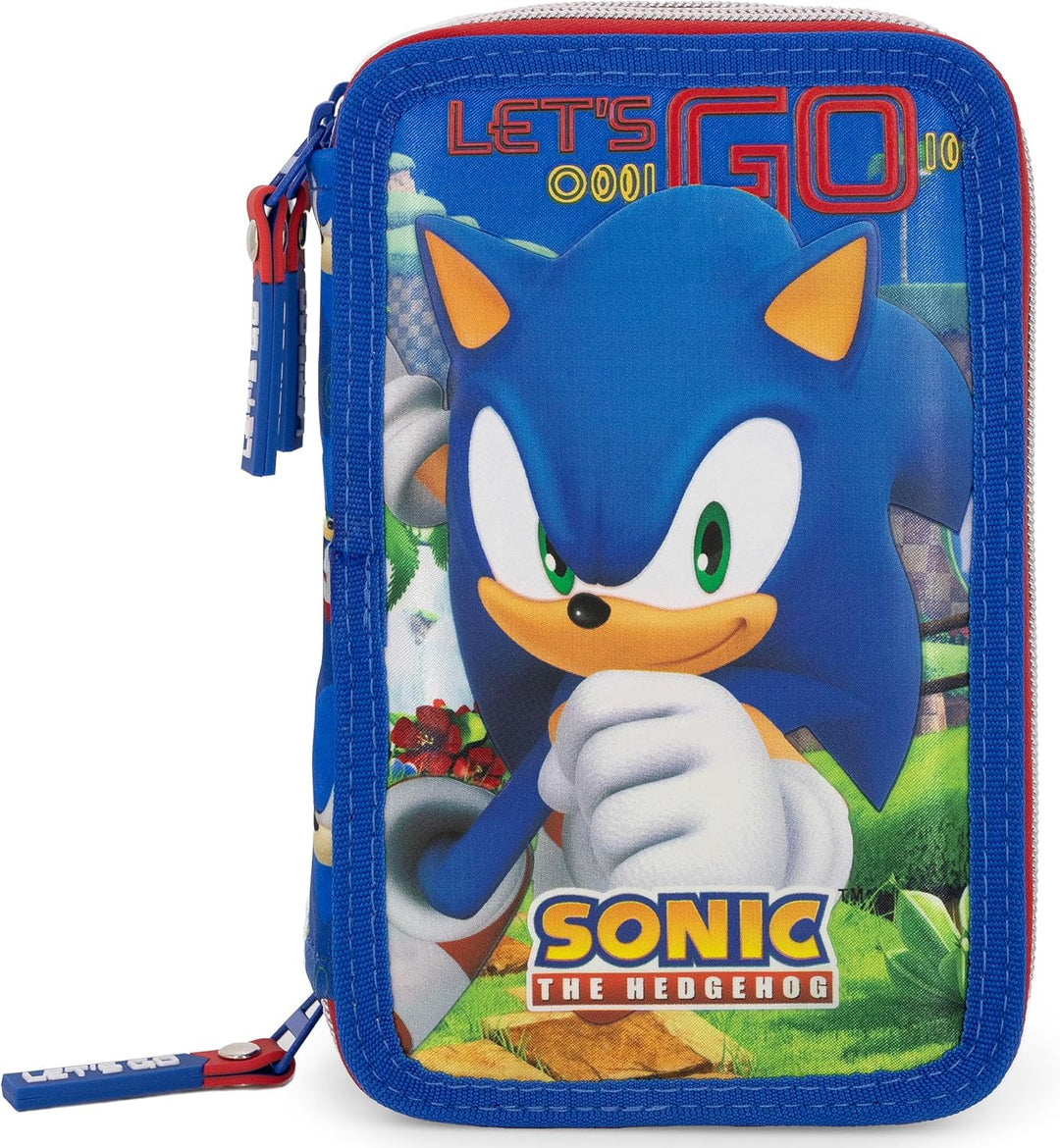 3-Fach Federmäppchen Jungen Gefüllt für Sonic Fan – Schulmäppchen Set 46 Teile mit Radierbaren Stift