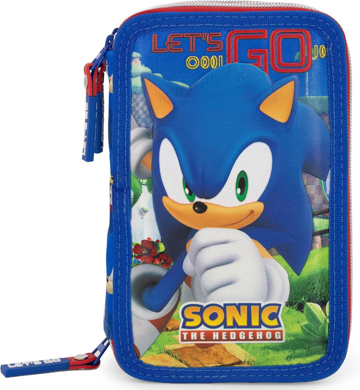 3-Fach Federmäppchen Jungen Gefüllt für Sonic Fan – Schulmäppchen Set 46 Teile mit Radierbaren Stift
