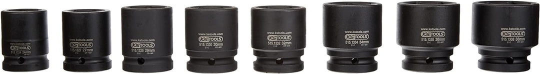 KS Tools 515.0210 3/4" Sechskant-Kraft-Stecknuss-Satz, 8-teilig kurz, 24-38mm, Schwarz, 35 x 25 x 13