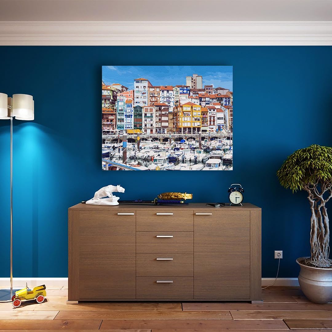Artnapi Malen nach Zahlen Erwachsene mit Rahmen | DIY Handgemalt | Hafen mit bunten Mietshäusern| Ki