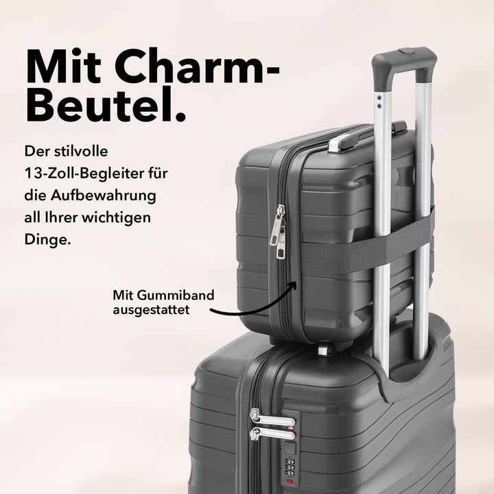 Travel One Kofferset 4-teilig – Anthrazit – Hartschalen Trolley-Set 32/60/98L, Zahlenschloss & 360°