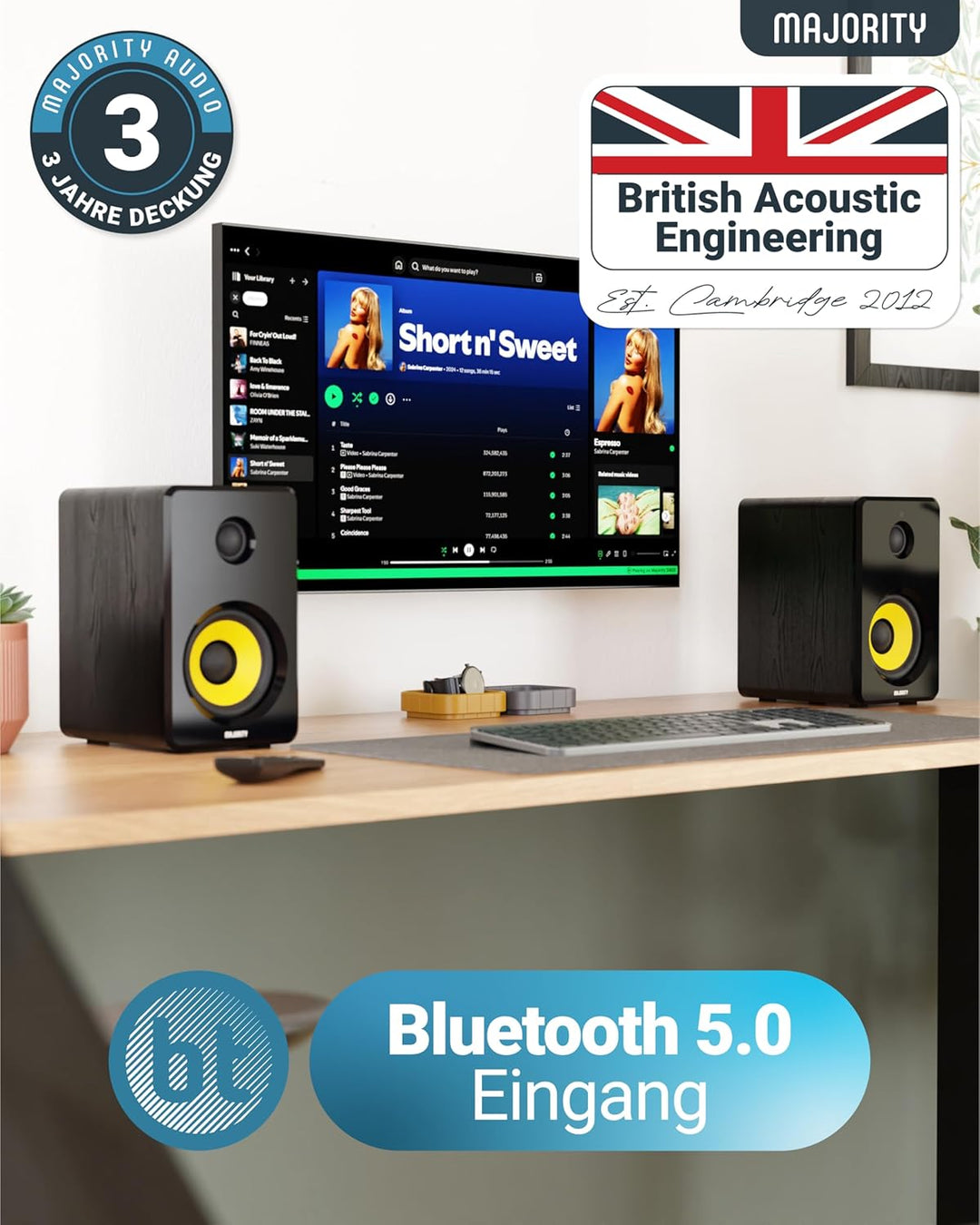 MAJORITY Aktive Regallautsprecher | Bluetooth-HiFi-Lautsprecher mit 70 Watts, gelber Kevlar-Lautspre