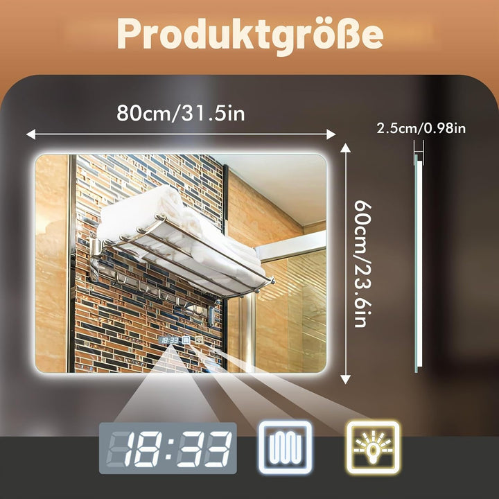 Badspiegel LED Spiegel mit Beleuchtung 80x60cm | Wandspiegel Badezimmerspiegel | Kosmetikspiegel Sch