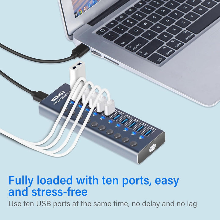 Aktiver 3.0 USB Hub mit 72W (24V/3A) Netzteil, 10 Aluminium Ports USB 3.0 Hub zum Laden und Hochgesc