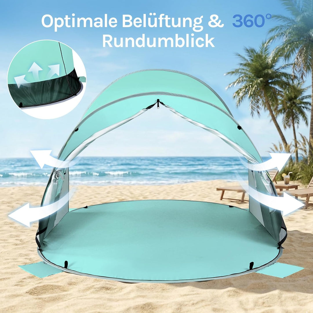 Wolfwise Pop Up Strandmuschel für 3-4 Personen, Sofort Aufbau, UV-Schutz 50+, Wasserabweisend, Belüf