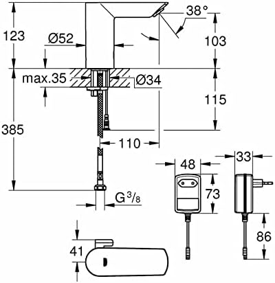 GROHE Bau Cosmopolitan E - Infrarot-Elektronik für Waschtisch (automatische Spülung, flexible Anschl