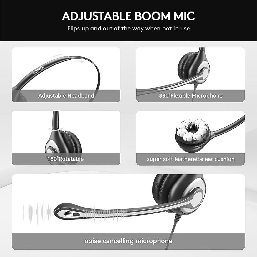 Wantek USB Headset mit mikrofon, USB/3,5-mm PC Kopfhörer mit Lautstärkeregler, Stummschalttaste, Com