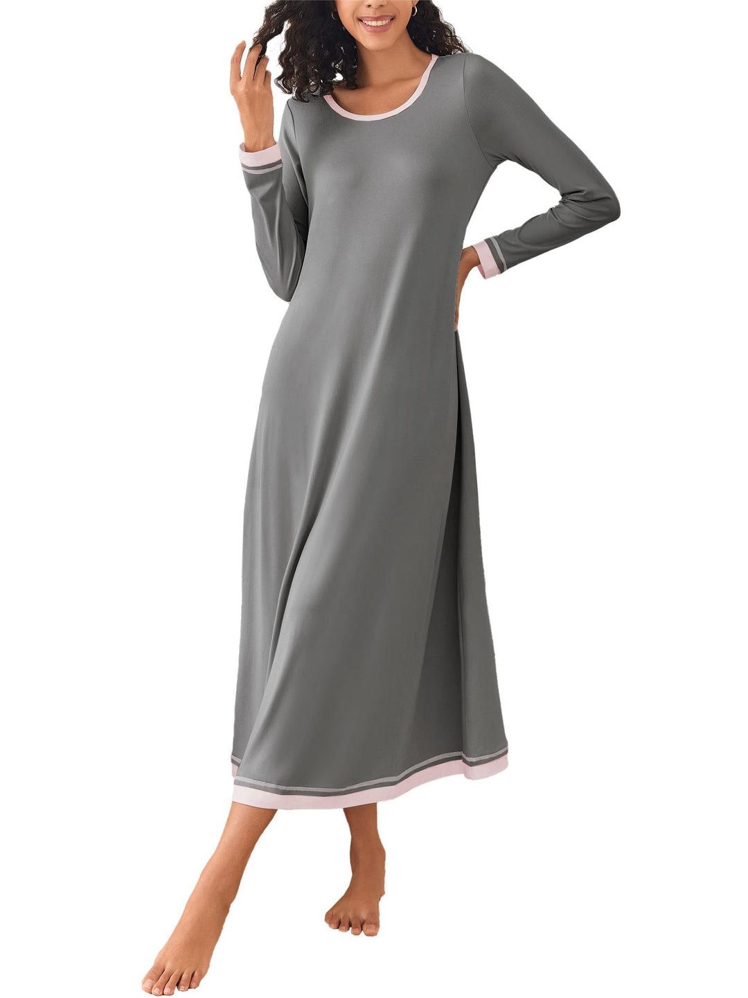 Ekouaer Damen Nachthemd Langarm Elegant Sleepshirt Weich Schlafkleid Lange Nachthemden Kontrastfarbe