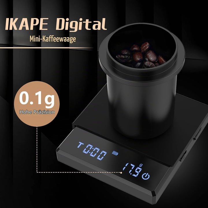IKAPE Digitale Mini-Kaffeewaage mit Timer – 2 kg / 0,1 g hochpräzise, wiederaufladbare Waage für D