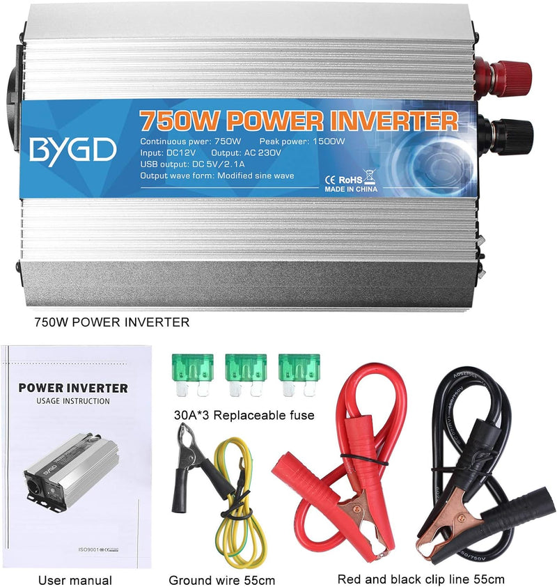 BYGD Spannungswandler 12V auf 230V 750W/1500W,Wechselrichter DC 12V auf AC 230V Inverter und 2 USB A