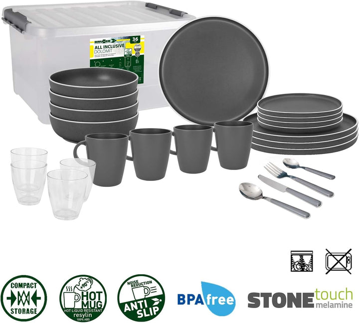 BRUNNER: Melamin Geschirr-Set Camping | 36-Teilig - Teller, Becher, Besteck & Gläser für 2-4 Persone