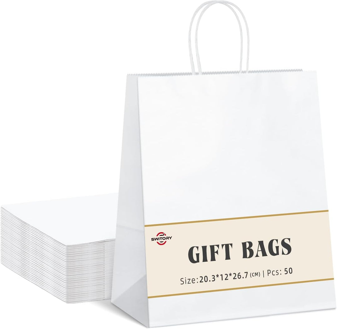 Switory 50 Stück Kraft Papiertüte mit Griffen, weisse Papiertüten mit Henkel, Geschenktüten für Part