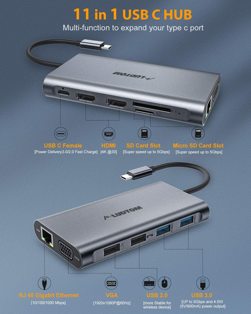 USB C Hub, Laptop Docking Station, Triple Display, Ludtom 11 in 1 Typ C Adapter für 2 HDMI , VGA , E