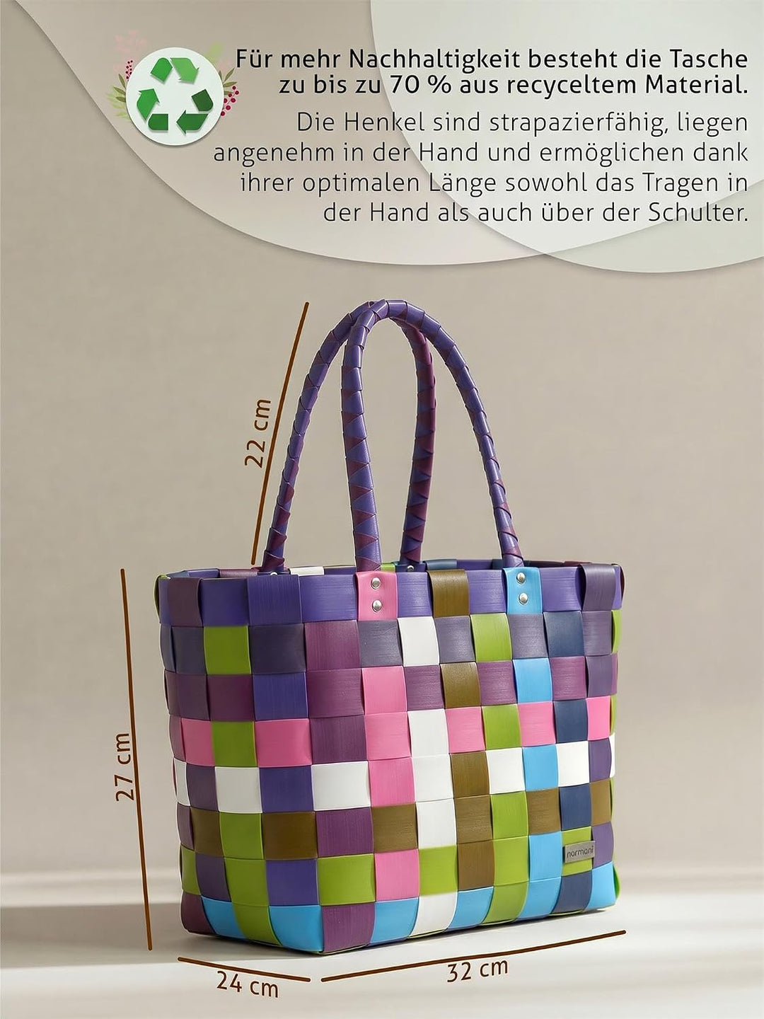 normani Einkaufstasche geflochten mit Henkeln - Tragetasche extra robust Farbe Classic/Sweet Classic