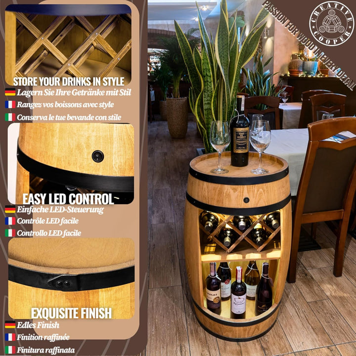 CREATIVE COOPER Fass bar mit Weinhalter - Weinregal LED- Holzfass Hausbar 80x50cm - Rustikaler deko