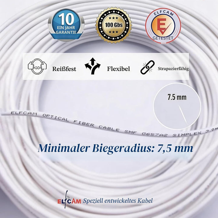 Elfcam® - 40m LWL Glasfaser-Kabel LC/APC auf LC/APC Stecker, Simplex 9/125μm Patchkabel, Lichtwellen