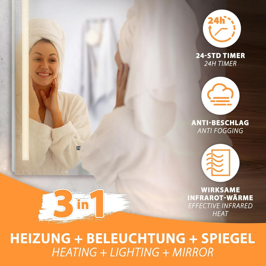 Infrarot Spiegelheizung Heizspiegel LM400-Pro 70x80cm 400W mit Beleuchtung, Tuya Smart App, Antibesc