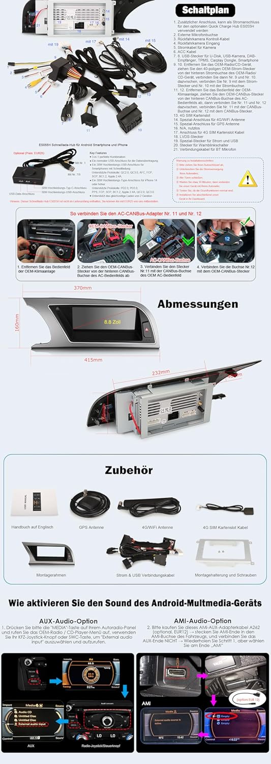 Erisin Qualcomm 4GB+64GB Android 14 Autoradio Bluetooth mit GPS Navi für Audi A5 S5 RS5 2009-2016 8.