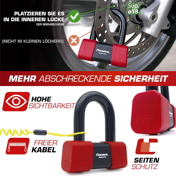 RADIKAL RK75 Zugelassenes Bremsscheibenschloss Motorrad Mini U, Laborgetesteter Hi-Tech Stahl Bügel