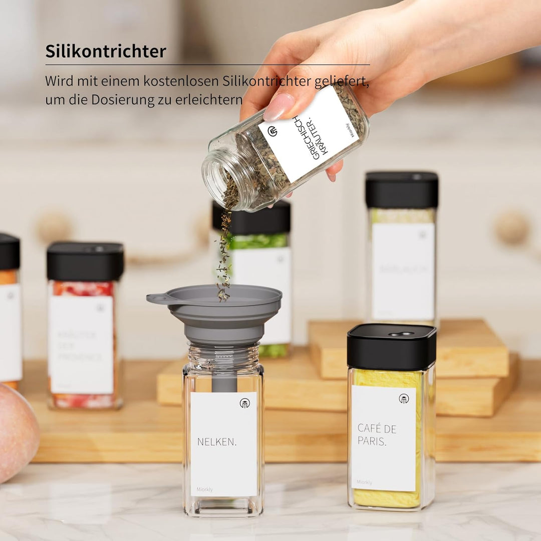 Miorkly Gewürzgläser Eckig - 6er Set mit Schwarz Edelstahl Drehdeckel, 120ML Gewürzstreuer Set mit S
