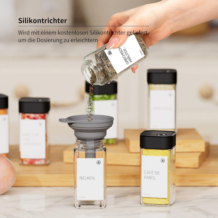 Miorkly Gewürzgläser Eckig - 6er Set mit Schwarz Edelstahl Drehdeckel, 120ML Gewürzstreuer Set mit S