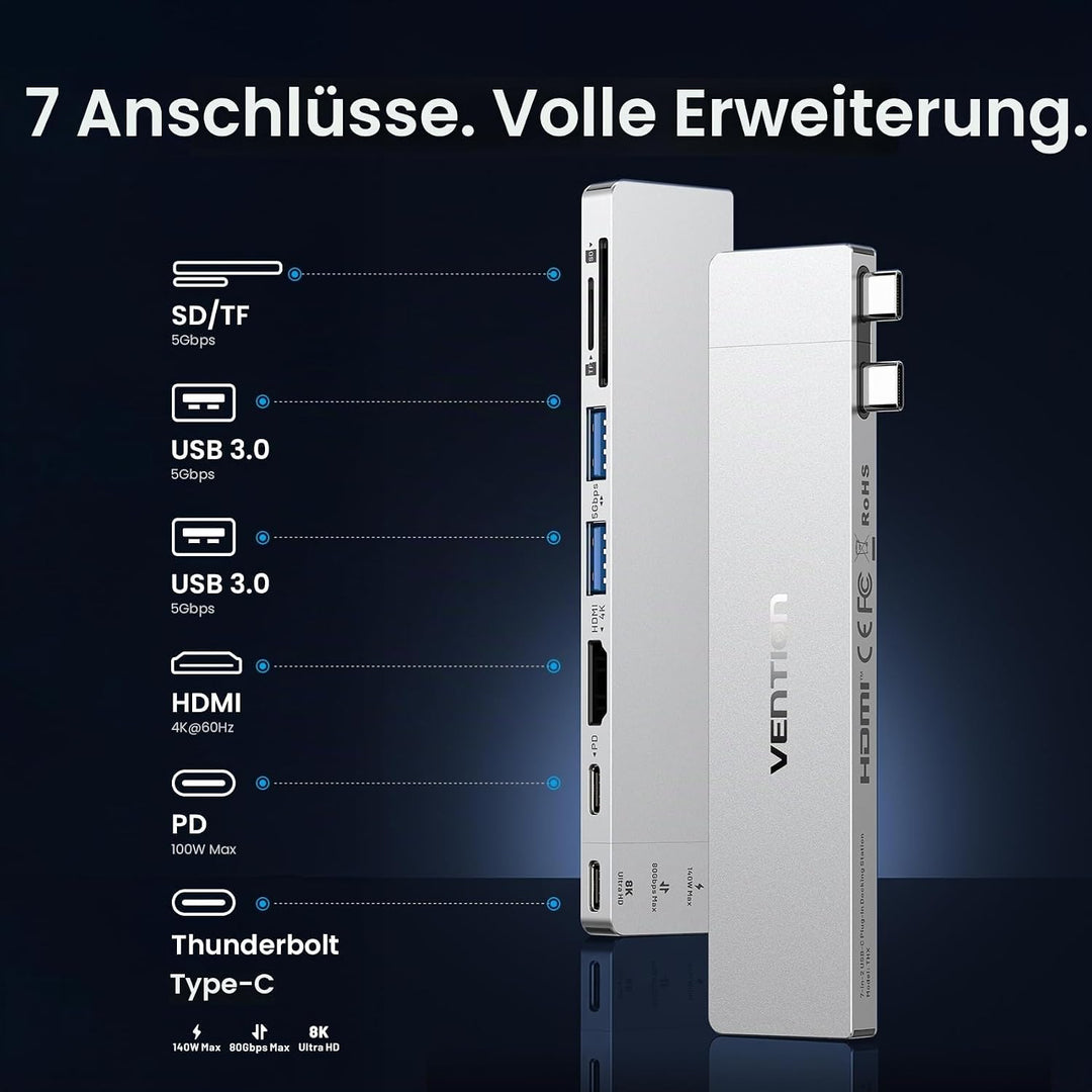 VENTION MacBook USB Adapter, 8-in-2 Mac Hub mit Dual USB C, Abnehmbarem Magnetischen USB-C-Stecker,