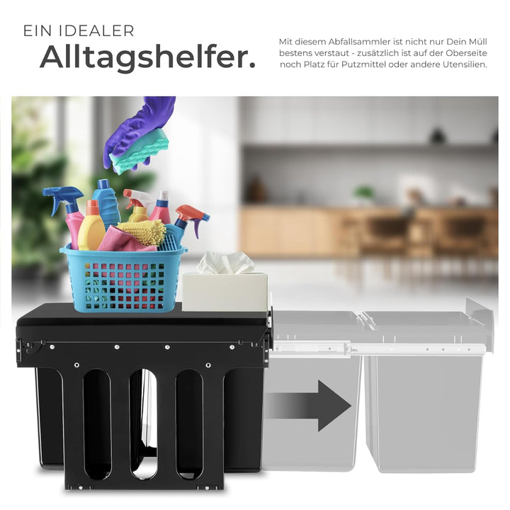 tectake® Abfallsammler, Mülleimer 2 Fächer, Mülltrennsystem Küche, für Schrank, Mülleimer Küche ausz