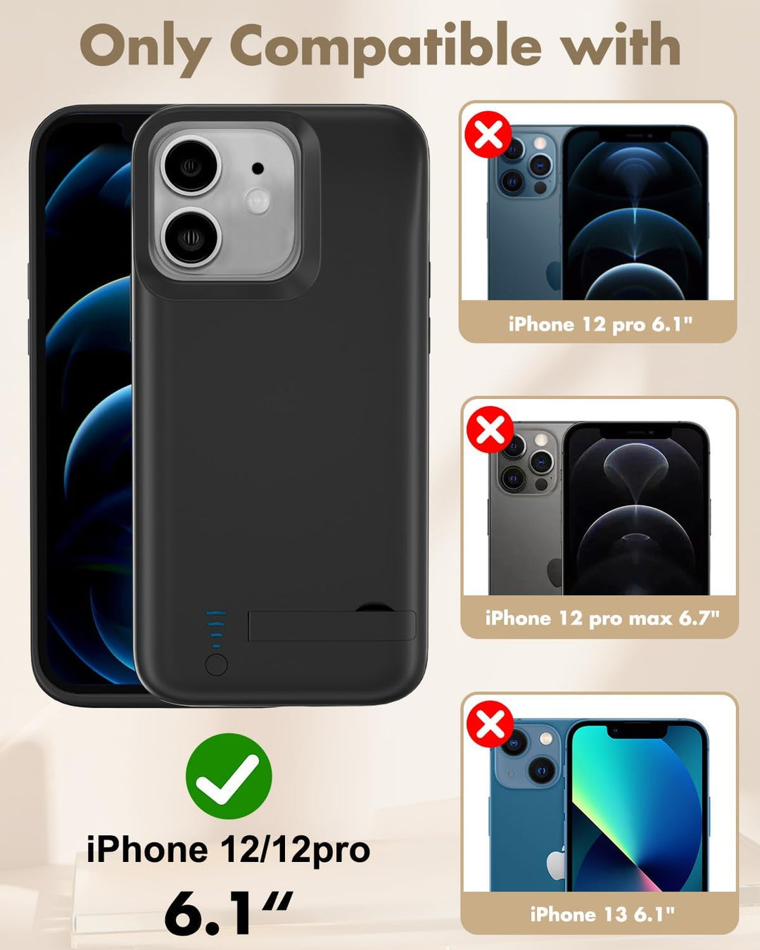 Gladgogo akku hülle für iPhone 12/12 Pro, 8500 mAh akkuhülle mit Ständer – Schwarz mit gehärtetem Gl