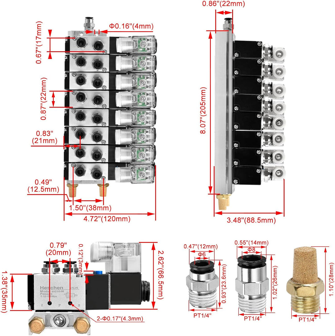 Heschen Integriertes Magnetventil mit 8 Fächern, 4V210-08, DC24V, PT1/4'', 5-Wege 2 Positionen, mit