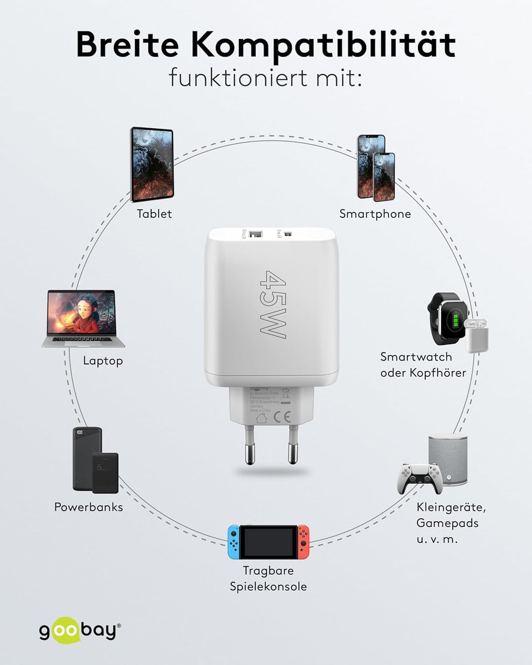 Goobay 65412 Dual Ladegerät 45W / USB-C &amp; USB-A Schnellladegerät Power Delivery/Ladenetzteil mit 2 U