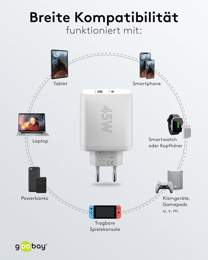 Goobay 65412 Dual Ladegerät 45W / USB-C &amp; USB-A Schnellladegerät Power Delivery/Ladenetzteil mit 2 U
