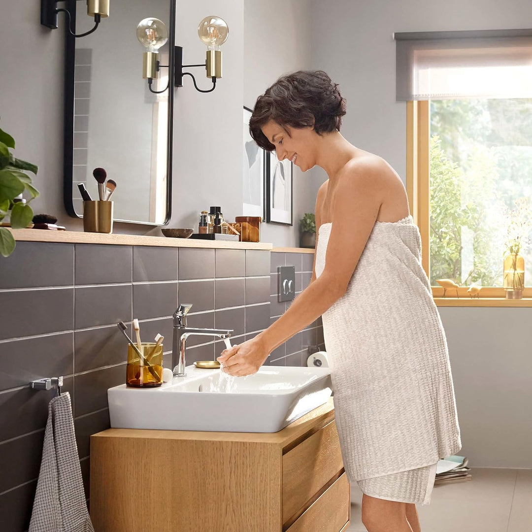hansgrohe Rebris E - Waschtischarmatur mit Zugstangen-Ablauf, Wasserhahn Bad mit Auslauf Höhe 109 mm
