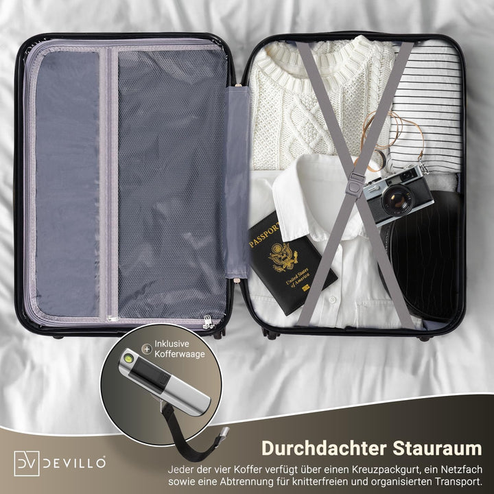 Devillo® Hartschalenkofferset Kofferset 4tlg. S-M-L-XL, Champagner - Hard Shell Trolley Koffer Reise