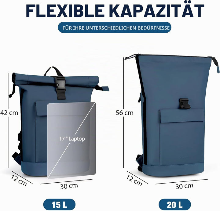Lekeinchi Rolltop Rucksack Damen &amp; Herren, Elegant Laptop Rucksack Wasserdicht mit 17 Zoll Laptopfac