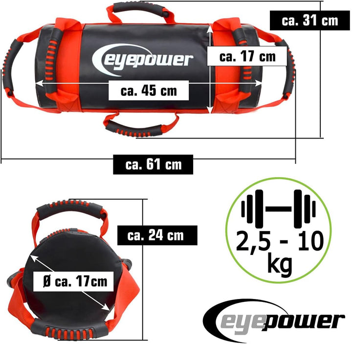 EYEPOWER 10kg Power Bag + 4 Kettlebell Gewichte - Befüllt mit Eisensand - Besser als Geräte: 6 Griff