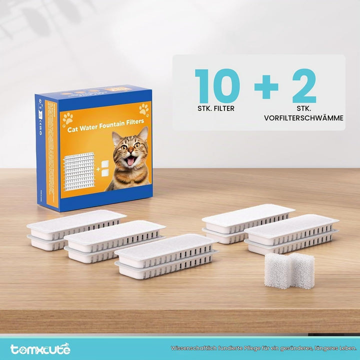 Tomxcute Katzenbrunnen Filter Set, 10 Filter + 2 Schwämme für 108oz/3.2L Katzenbrunnen Katzenbrunnen