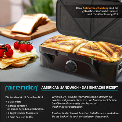 Arendo - Sandwichmaker 1200 W mit Antihaftbeschichtung - mit abnehmbaren Platten - spülmaschinentaug