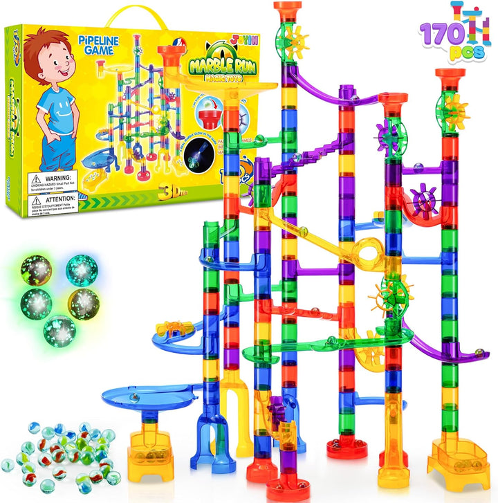 JOYIN 170 Stück Mehrfarbige Murmelbahn Marble Run Set mit 120 Kunststoffteile 50 Glasmurmeln, Bauste