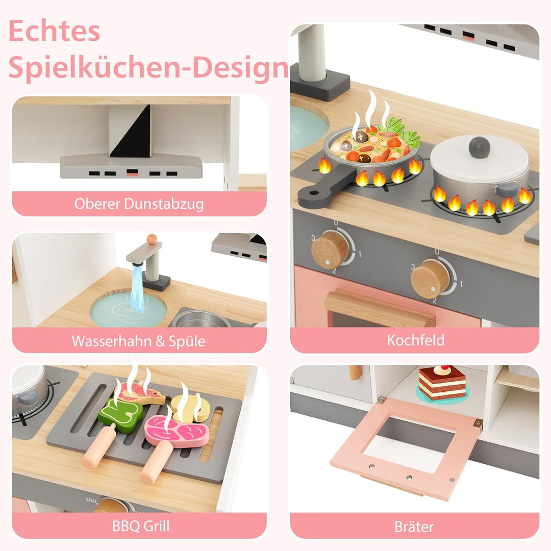 COSTWAY Kinderküche Holz, Spielküche mit Dustabzughaube, Kühlschrank, Wasserhahn & Küchenutensilien,
