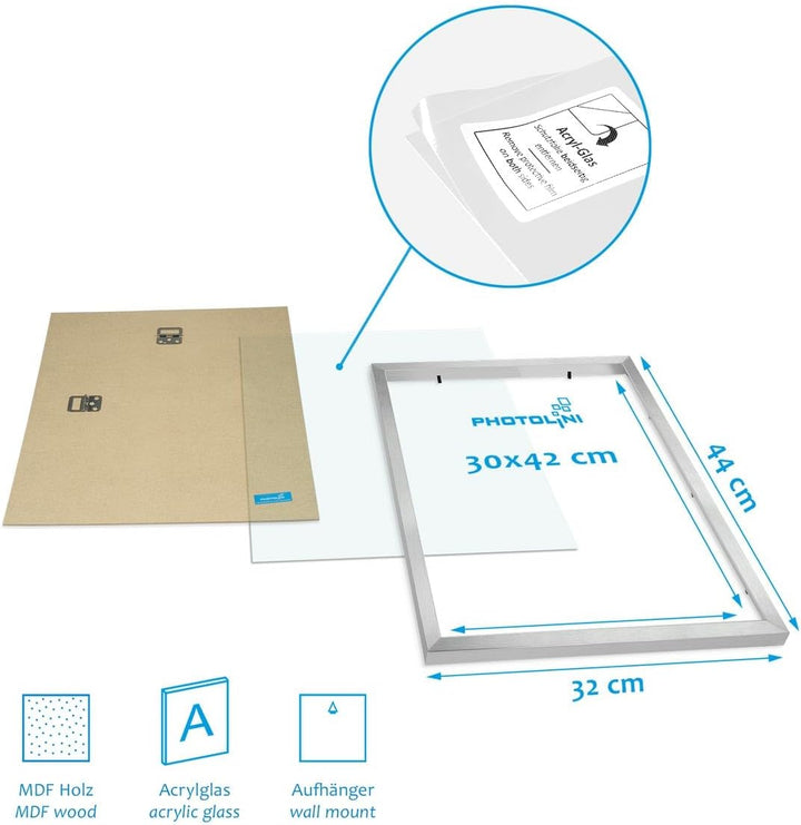 PHOTOLINI silberne Bilderrahmen Set verschiedene Grössen, 6 Bilderrahmen Silber Holz MDF, Bilder Rah