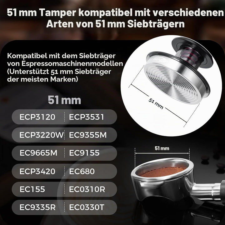 IKAPE 51-mm-Kaffeetamper für Espresso, federkalibrierter Tamper mit halbtransparentem Design, Tamper
