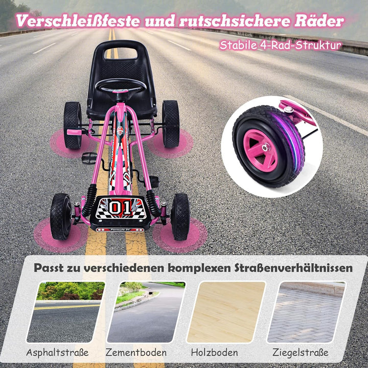 GOPLUS Gokart ab 3-8 Jahre, Kinderfahrzeug mit Verstellbarem Sitz, Tretauto aus Gummireifen, Flexibl