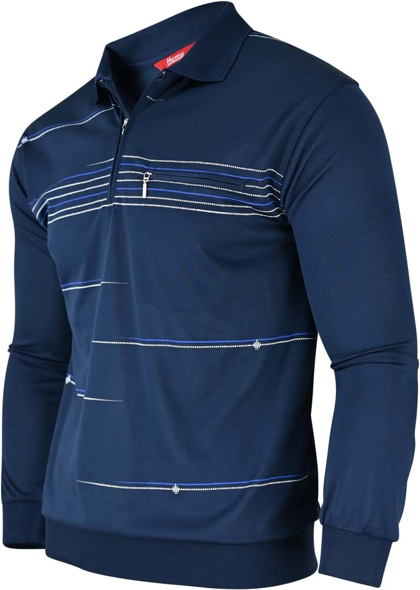 Soltice Herren Langarm Poloshirt mit Brusttasche, Polohemd mit kariert, Gestreiftem Kragen, Blousons