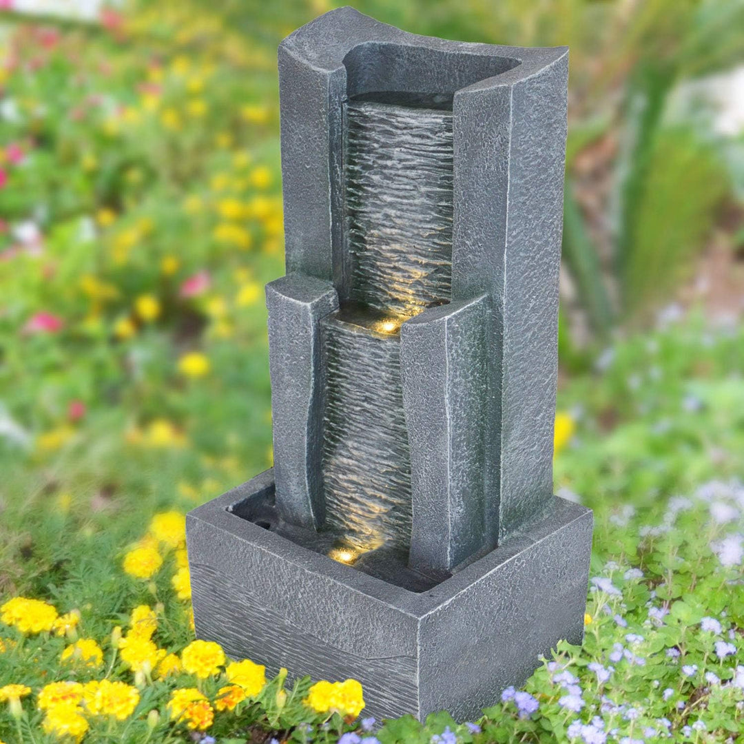 GARTENBRUNNEN BRUNNEN 230V 3-Stufige STEIN-KASKADE mit LED-Licht ZIERBRUNNEN VOGELBAD WASSERFALL GAR