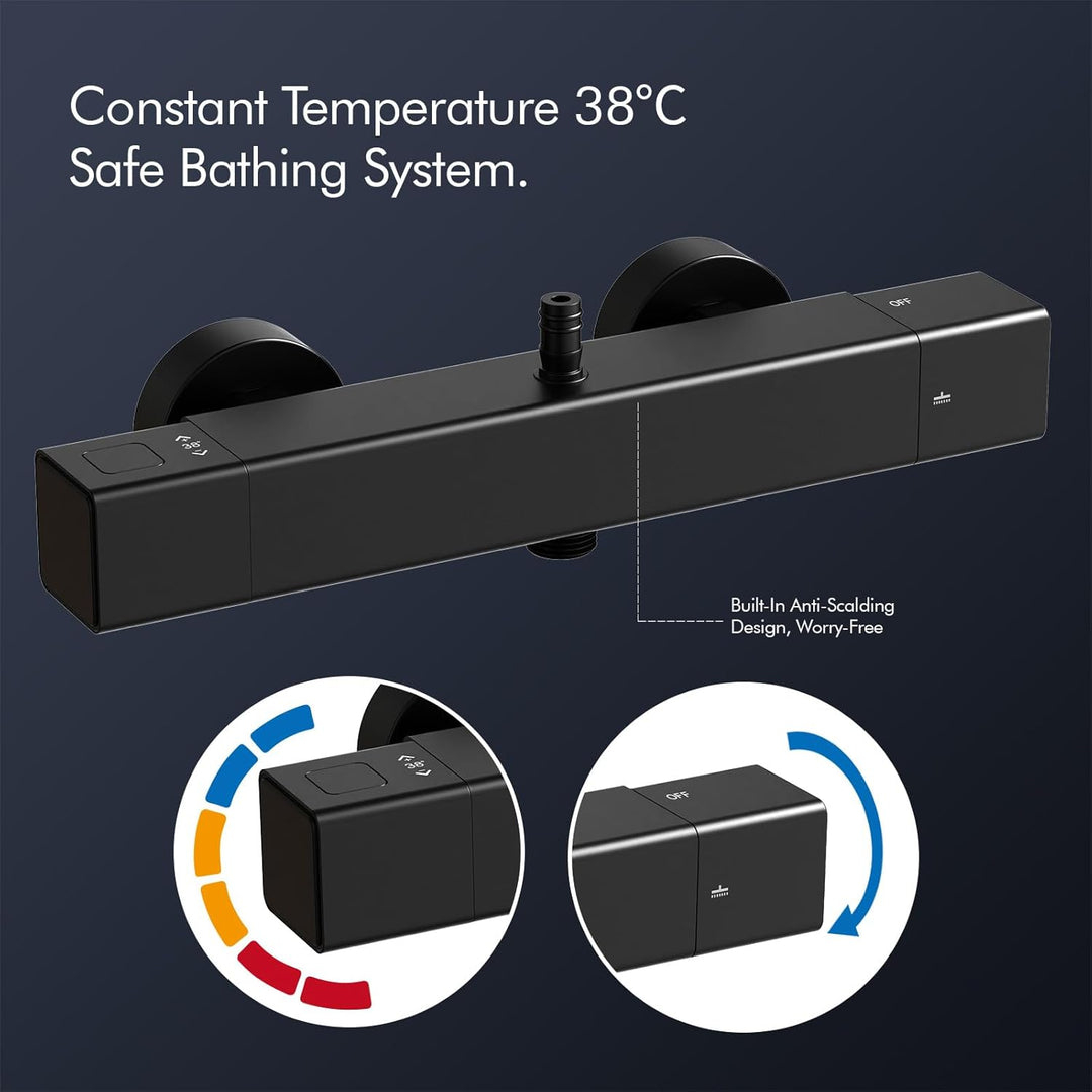 HOMELODY Duscharmatur mit Thermostat & Duschablage - Duscharmatur Komplettset Schwarz mit Handbrause