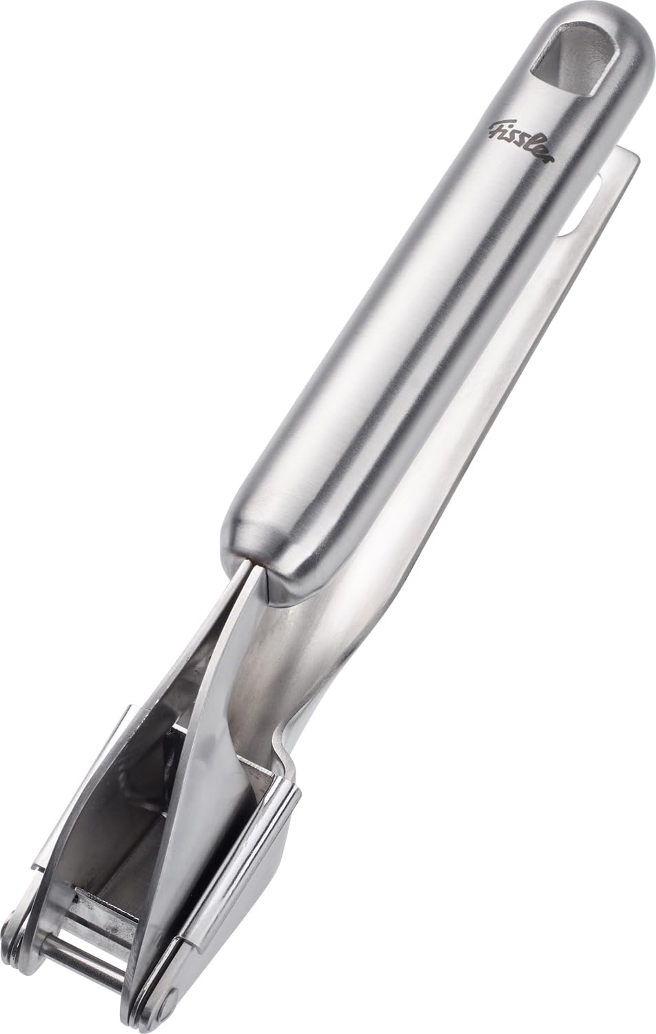 Fissler Essential/Edelstahl-Knoblauchpresse (20 cm) zerkleinert Knoblauch & Ingwer, mit Aufhänge-Öse