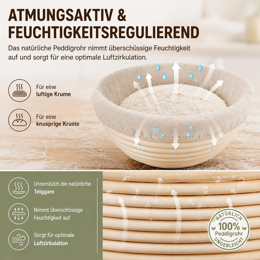 Premium Gärkörbchen Set 2-Teilig – 23cm Rund & 25cm Rechteckig Brotgärkorb aus 100% Ungebleichtem In