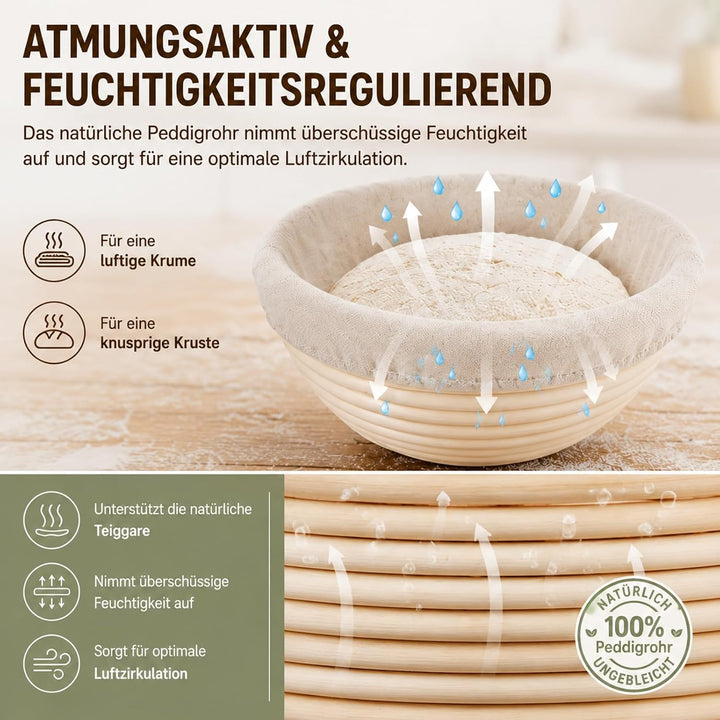 Premium Gärkörbchen Set 2-Teilig – 23cm Rund & 25cm Rechteckig Brotgärkorb aus 100% Ungebleichtem In