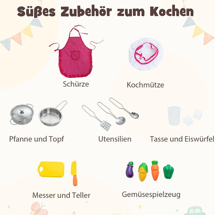 DREAMADE Kinderküche aus Holz mit 16 TLG. Spielzubehör, Kinder Küche Eckküche mit Tafel Herd Spüle B