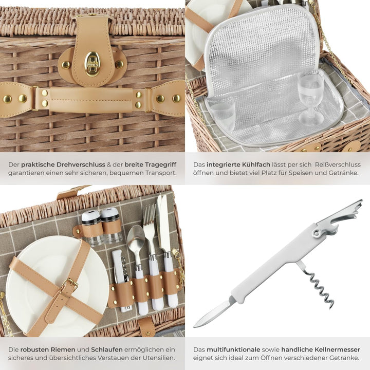 tectake® Picknickkorb 2 Personen, inkl. Kühlfach, befüllter Picnic Basket Weidenkorb für Ausflug, Ca